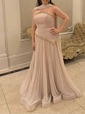 Cream One-Shoulder Pleated Prom Gown with Gold Bead Trim